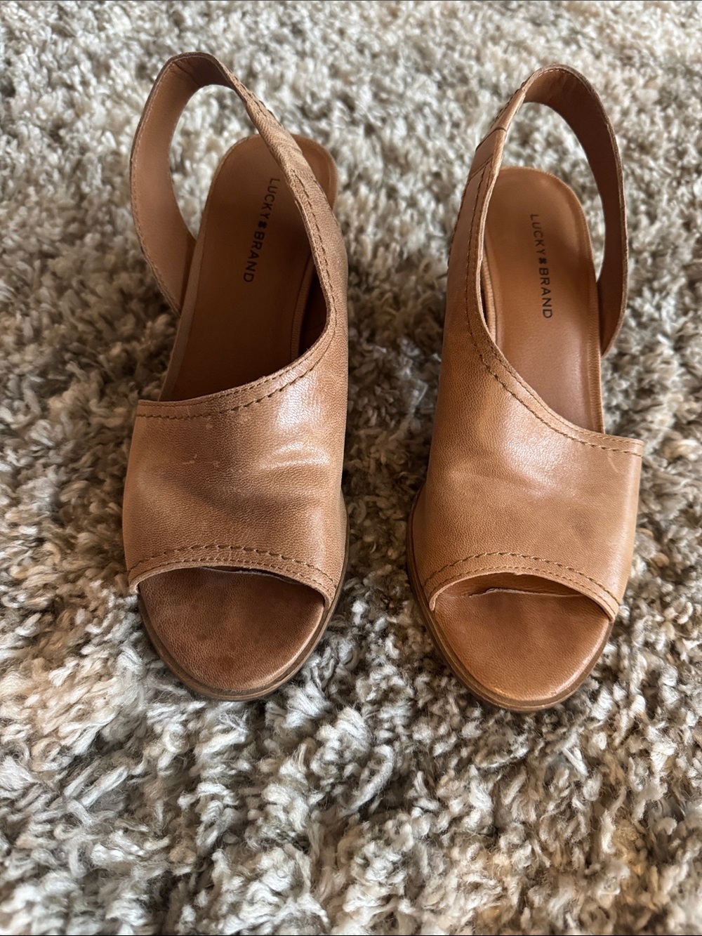 Lucky Brand Cognac Leather Peep-Toe Slingback Wedges